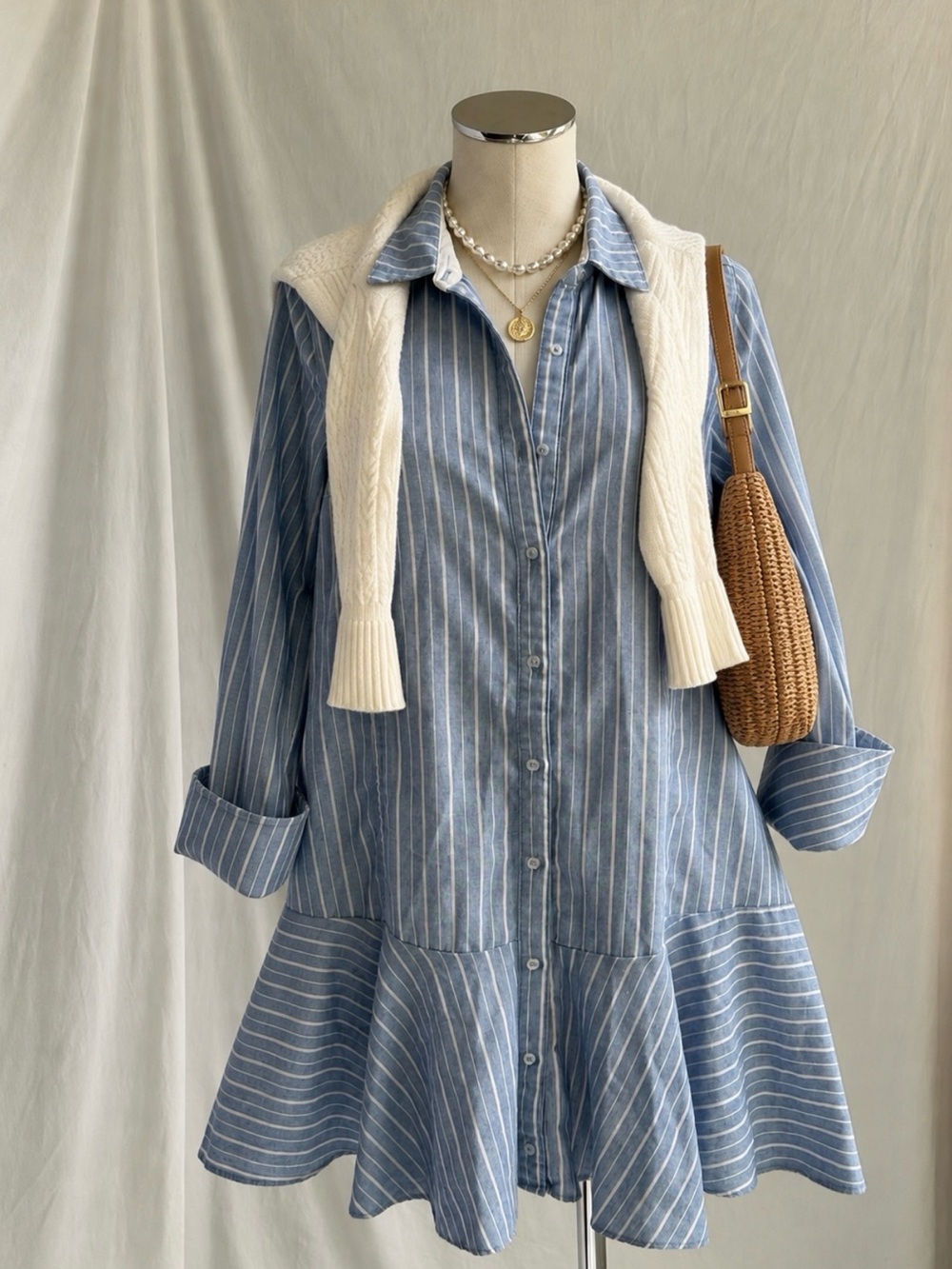 Free People Oversized Blue Striped Cotton Shirt Dress Ruffle Hem | Size XS